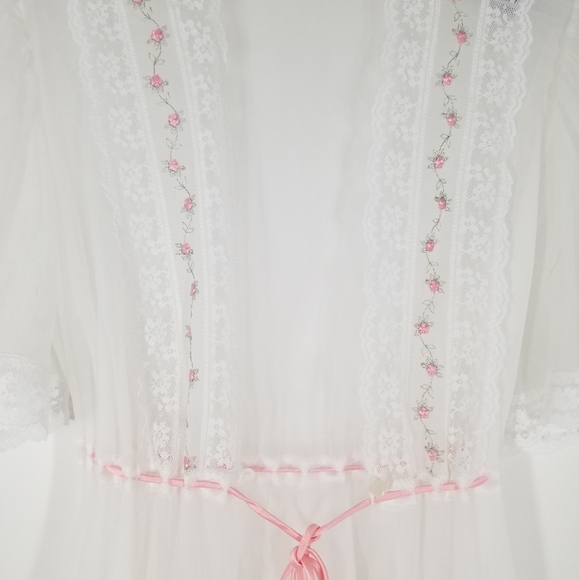 Vintage Dream Away White Sheer Pink Floral Night Gown Wedding Bridal Robe - Picture 6 of 6